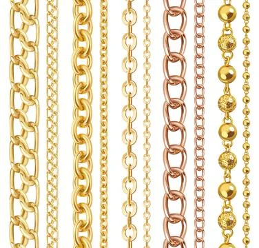 Set of realistic vector golden shiny chains. Vector illustration of gold metal Stock Illustration
