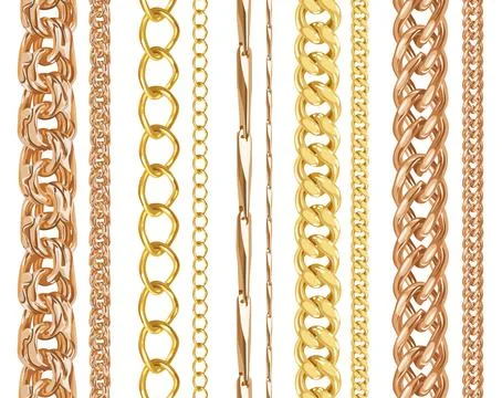 Set of realistic vector golden shiny chains. Vector illustration of gold metal Stock Illustration