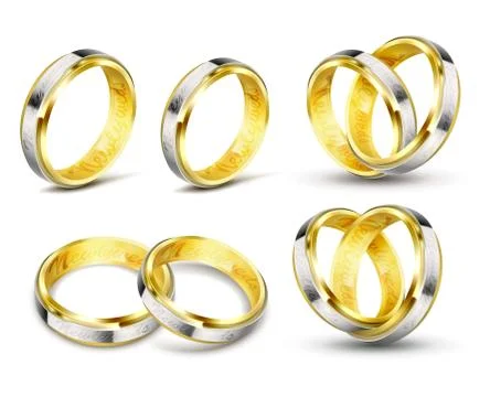 Set of realistic vector illustrations of gold wedding rings with engraving Illustrazione stock