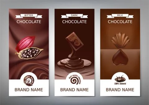 Set realistic vector vertical banners with milk, dark and bitter chocolate 스톡 일러스트