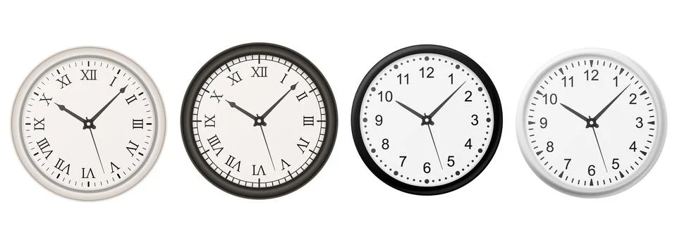 Set of realistic wall clocks with different styles including classic Roman nu Stock Illustration