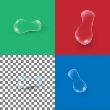 Set of realistic water drops in different colors on colored and transparent.. Stock Illustration