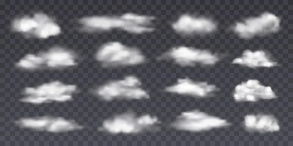 Set of realistic white clouds in various forms. Stock-Illustration