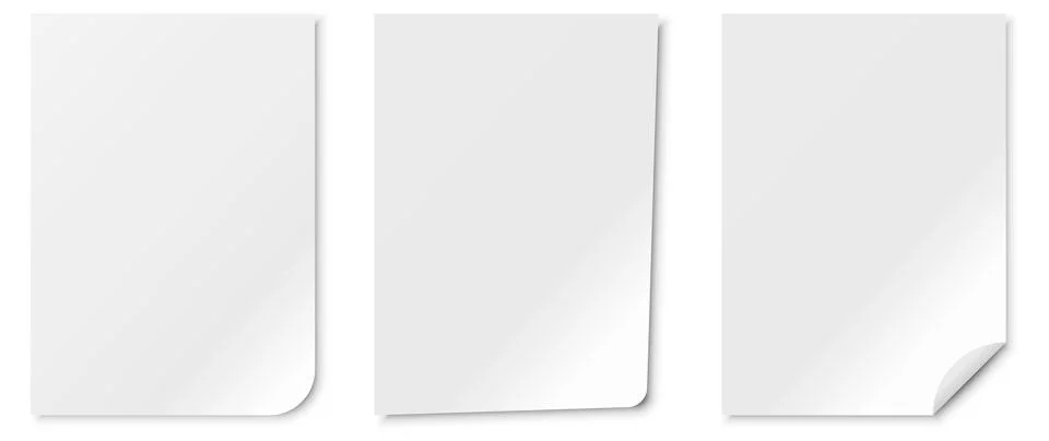 Set of realistic white paper sheets mockup featuring soft shadows, rounded ed Stock Illustration