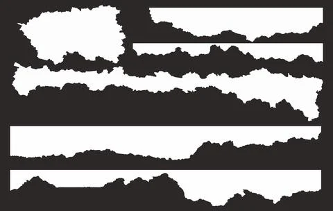 Set Of Realistic White Torn Paper Edges and Ripped Borders on Black Background Illustrazione stock