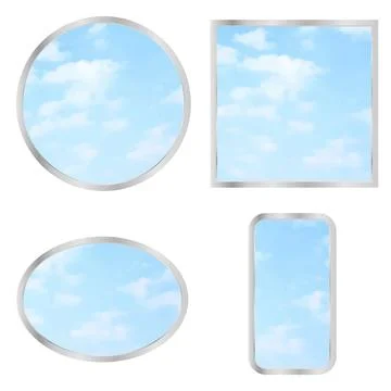 Set of realistic windows or mirrors with blue sky and clouds reflection Illustrazione stock
