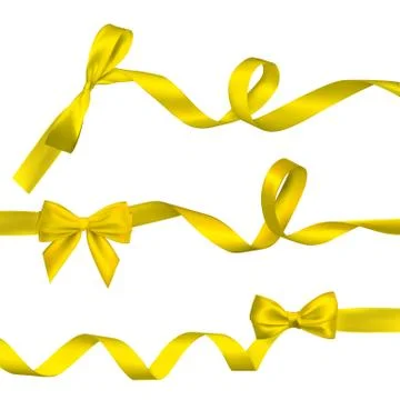Set of Realistic yellow bow with long curled yellow ribbon. Element for decor Stock Illustration