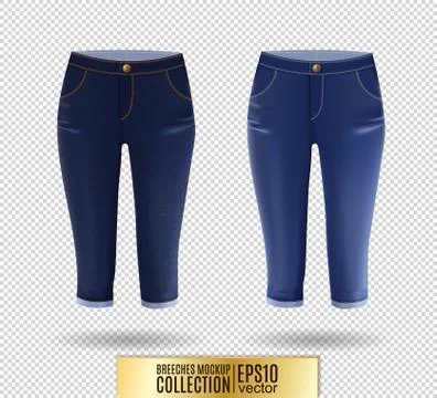 Set of realistick vector breeches mockup. Denim knickerbockers. Blue corduroys Stock Illustration