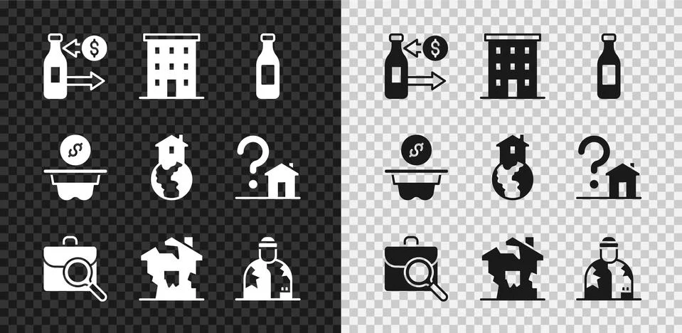 Set Reception of glass bottles, Multi storey building, Bottle water, Work search Ilustración de archivo