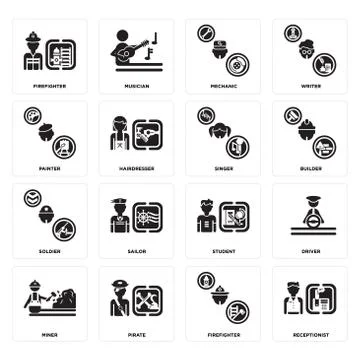 Set of Receptionist, Firefighter, Miner, Student, Soldier, Singer, Painter, M 免费库存插图