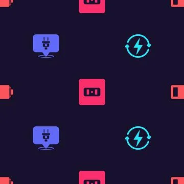 Set Recharging, Electric plug, Electrical outlet and Battery on seamless pa.. Stock Illustration
