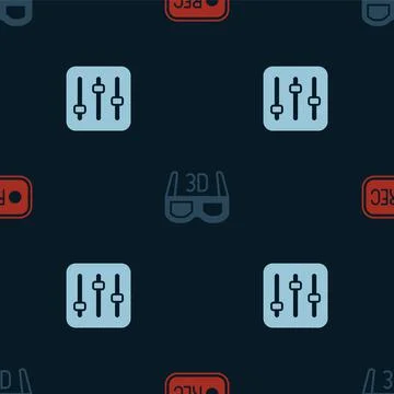 Set Record button, 3D cinema glasses and Sound mixer controller on seamless Stock Illustration