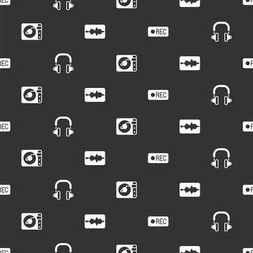 Set Record button, Headphones, Vinyl player with vinyl disk and Music wave eq Stock Illustration