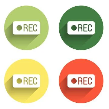 Set Record button icon isolated with long shadow background. Rec button. Co.. Stock Illustration