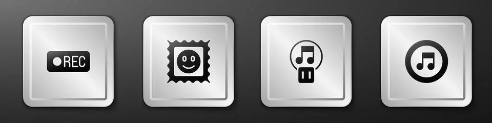Set Record button, LSD acid mark, Pause and Music note, tone icon. Silver square Stock Illustration