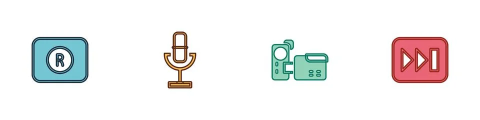 Set Record button, Microphone, Cinema camera and Fast forward icon. Vector Stock Illustration