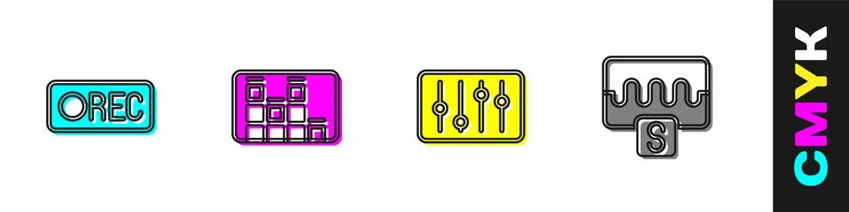 Set Record button, Music equalizer, Sound mixer controller and wave icon. Vector Stock Illustration