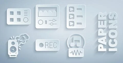 Set Record button, Music playlist, Stereo speaker, note, tone, Drum machine and Stock Illustration