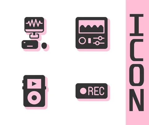 Set Record button, Music recording studio, player and Drum machine icon. Vector Illustrazione stock