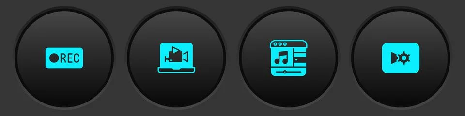 Set Record button, Online play video, Music player and settings icon. Vector Stock Illustration