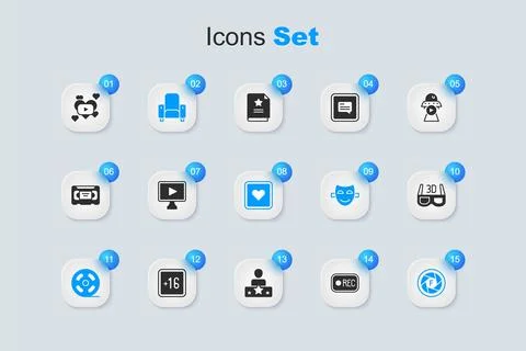 Set Record button, Online play video, Cinema chair, Film reel, Camera shutt.. Stock Illustration