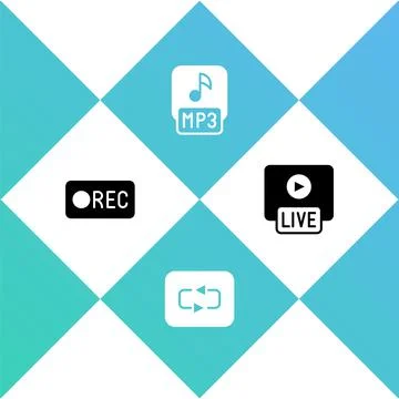 Set Record button, Repeat, MP3 file and Live stream icon. Vector Stock Illustration