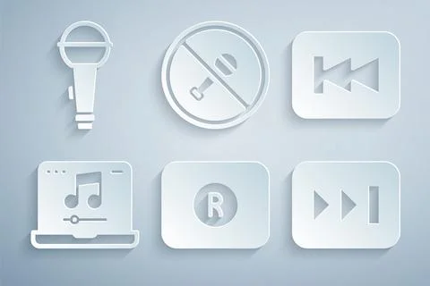 Set Record button, Rewind, Laptop with music, Fast forward, Mute microphone and Illustrazione stock