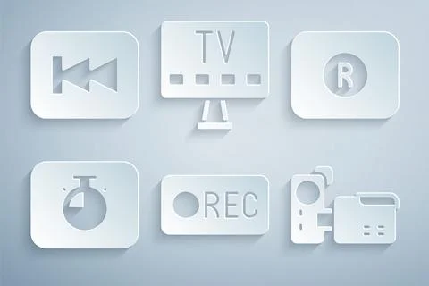 Set Record button, Stopwatch, Cinema camera, Smart Tv and Rewind icon. Vector イラスト素材