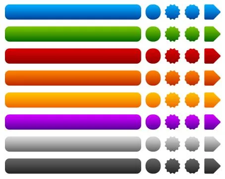 Set of rectangle, circle, starburst buttons, banners and arrows. 8 colors inc Illustrazione stock