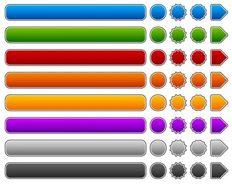 Set of rectangle, circle, starburst buttons, banners and arrows. 8 colors inc Illustrazione stock