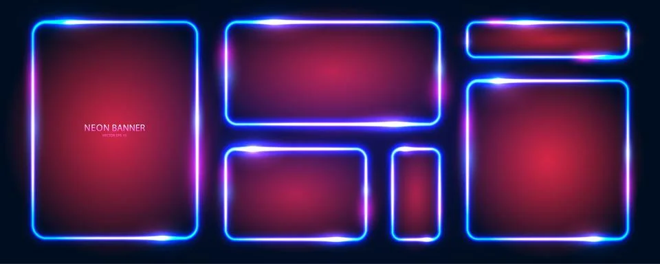 A set of rectangular and square neon frames with rounded edges with radiance Stock Illustration