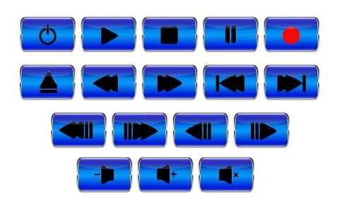 Set of rectangular blue media control buttons Stock Illustration