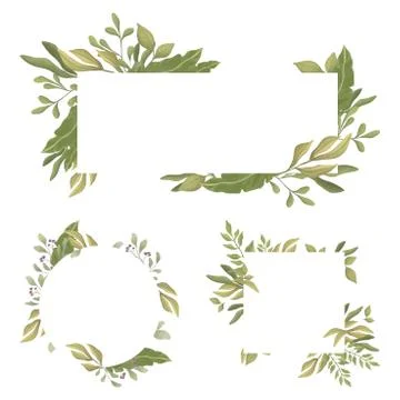 Set of rectangular borders with text space in the center. Green leaves round and Stock Illustration