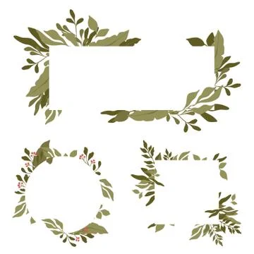 Set of rectangular borders with text space in the center. Green leaves round and Stock Illustration