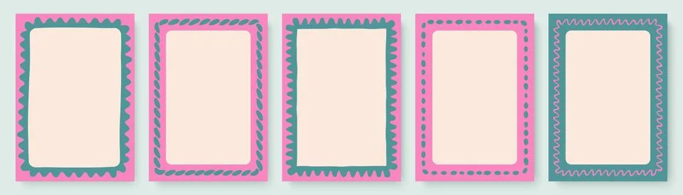 Set of rectangular cards with hand drawn frames in pink and turquoise colors 스톡 일러스트