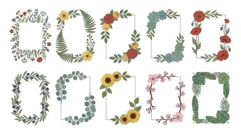 Set of rectangular floral frames with flowers and botanical elements. Illustrazione stock