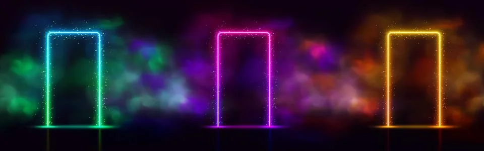 Set of rectangular frames, bright, neon, with glow effect, particles, and イラスト素材