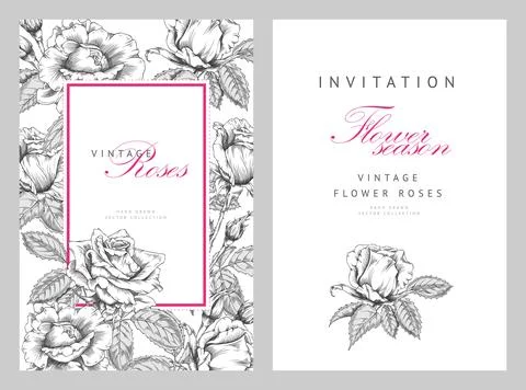 A set of rectangular frames with monochrome, vintage, hand-drawn roses. Stock Illustration