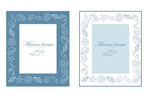 Set of rectangular marine frames with seashells, vector illustration. Stock Illustration