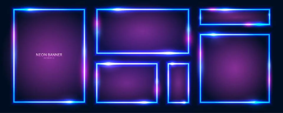 A set of rectangular neon banners with shining effects, highlights and 스톡 일러스트