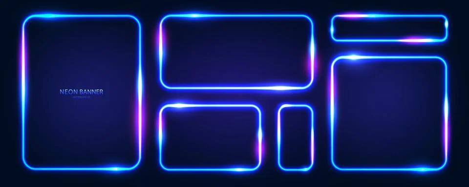 A set of rectangular neon frames with rounded edges with radiance effects Stock Illustration
