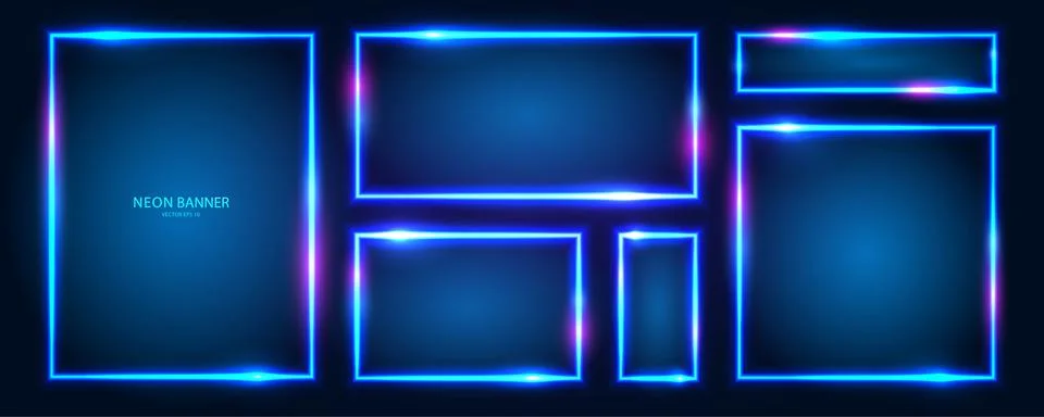 A set of rectangular neon frames with shining effects, highlights and イラスト素材
