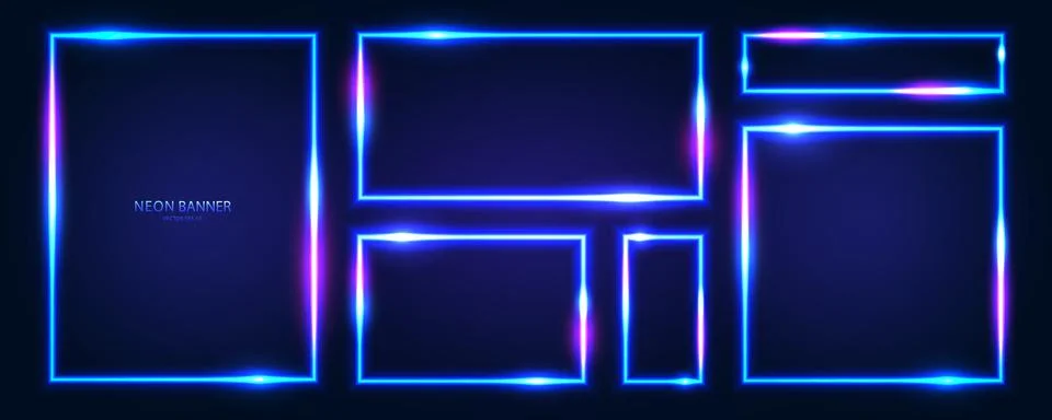 A set of rectangular neon frames with shining effects, highlights and Stock Illustration