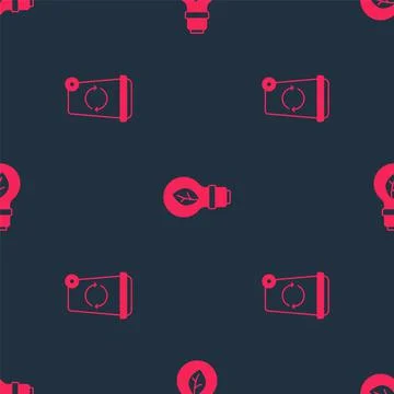 Set Recycle bin and Light bulb with leaf on seamless pattern. Vector Stock Illustration