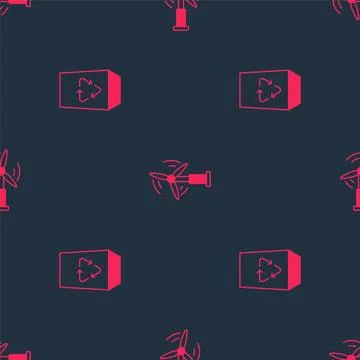 Set Recycle bin and Wind turbine on seamless pattern. Vector Stock Illustration