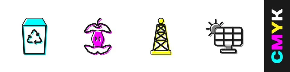 Set Recycle bin, Apple core, Oil rig and Solar energy panel icon. Vector イラスト素材