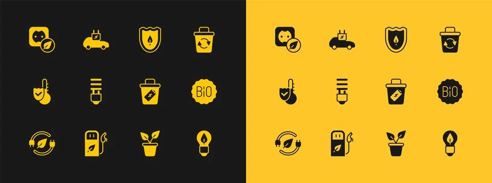 Set Recycle bin, Petrol or gas station, Trash can, Plant pot, LED light bul.. Stock Illustration