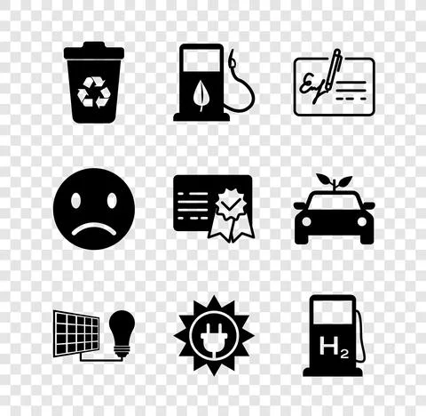 Set Recycle bin with recycle, Bio fuel fueling nozzle, Signed document, Solar Stock Illustration