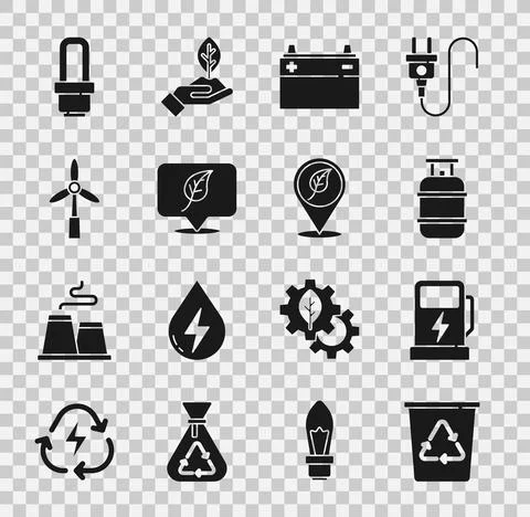 Set Recycle bin with recycle, Electric car charging station, Propane gas tank Stock Illustration