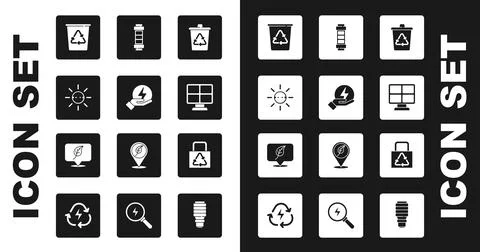 Set Recycle bin with recycle, Lightning bolt, Solar energy panel, Battery, Paper Ilustración de archivo